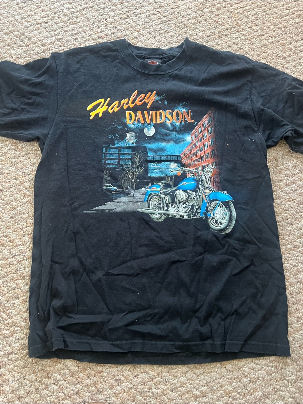 Harley-Davidson Black T-Shirt with Blue Motorcycle and Yellow Logo